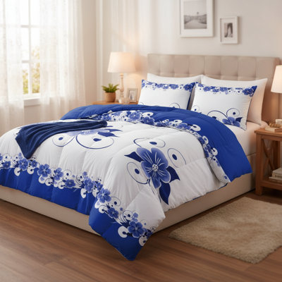 Ensemble de housse de couette 3 pièces à motif floral bleu royal, literie à imprimé botanique moderne avec 2 taies décoratives, housse d'édredon en microfibre douce avec 4 attaches de coin, sans animaux
