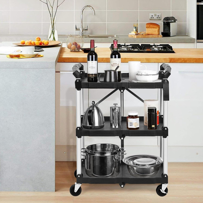 Collapsible Utility Cart, 3-Tier Foldable Service Cart with 360° Swivel Wheels, Black