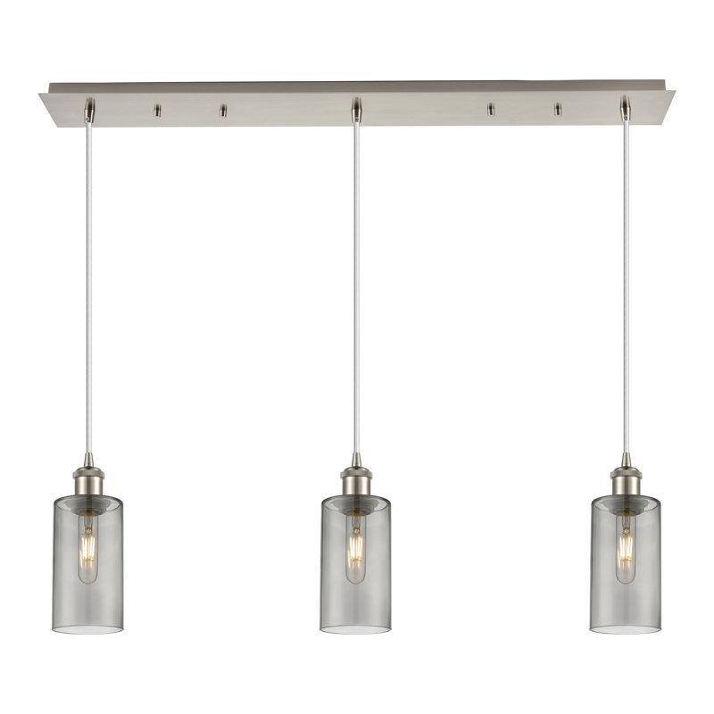 Caius - Luminaire suspendu linéaire suspendu à 3 lumières de 37 po - Finition laiton brossé - Abat-jour blanc, Nickel satiné