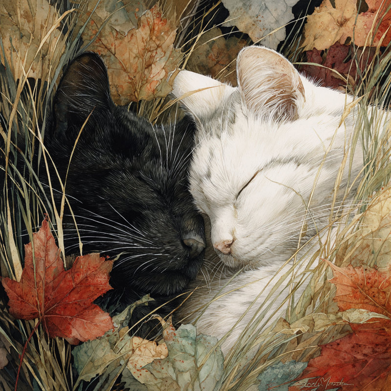 «Black and White Cats Endorm in Leaves», art mural sur toile tendue