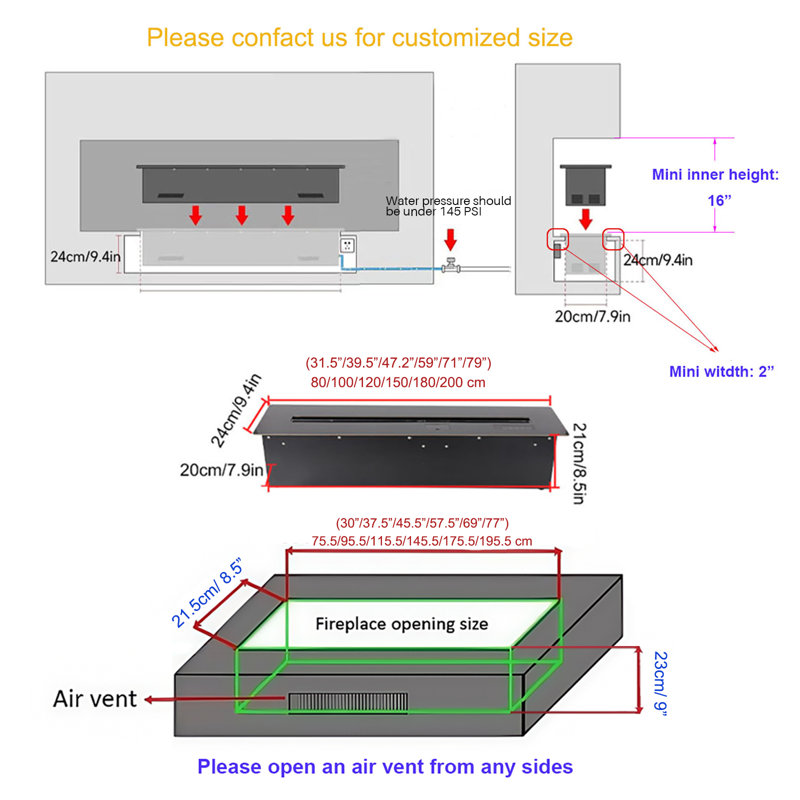 3D Water vpaor fireplace for home humidifier decoration NO HEATING, 8.5" H x 59.1" W x 9.3" D