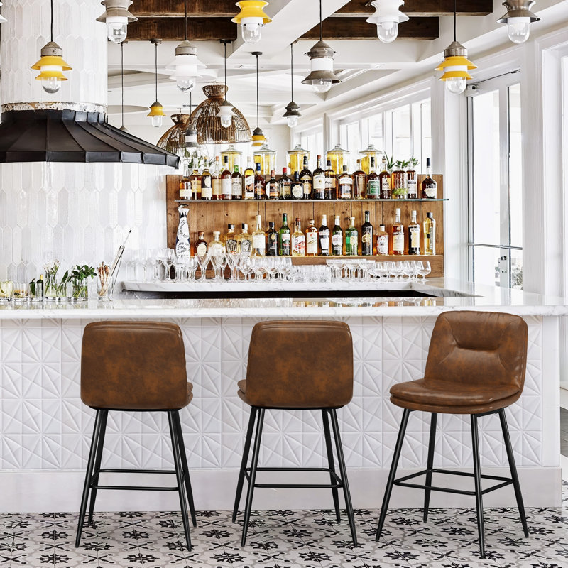 Pelayo Upholstered Leather Bar & Counter Stool, Yellowish Brown, Counter Stool (24" Seat Height)