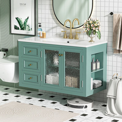 Meuble-lavabo mural avec lavabo en céramique, armoire de rangement flottante avec 3 tiroirs