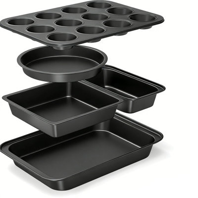 5-Piece Nonstick Bakeware Set –  Includes Deep Roaster, 12-Cup Muffin Pan, Loaf Pan, Square Brownie Pan & Round Cake Pan, Stackable For Easy Storage, Rust-Proof, Dishwasher Safe