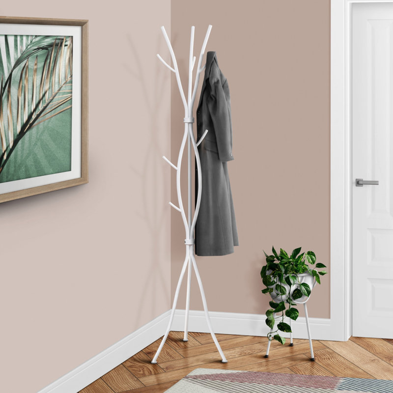 Contemporary Free Standing Hall Tree Coat Rack With 11 Hooks, Ideal For Entryway And Bedroom, Modern White Metal Design