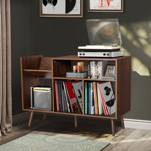LELELINKY Record Player Stand,Vinyl Record Storage Table with 4 Cabinet Up  to 100 Albums,Mid-Century Turntable Stand with Wood Legs,Brown Vinyl Holder
