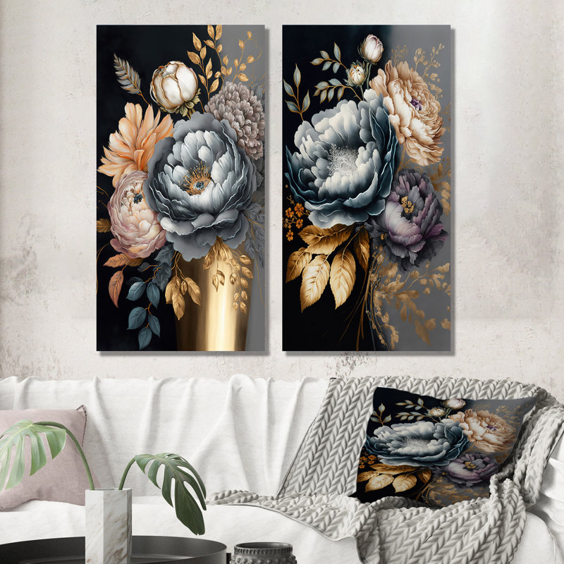 «Blue Blooming Bouquet II», 2 pièces sur toile, H 32 po x l 32 po, Toile tendue