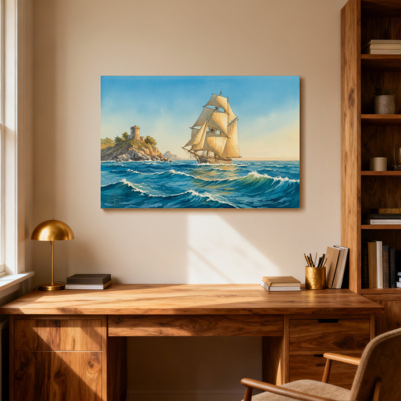 Paysage et nature, voilier sur les vagues de l'océan près du château de l'île, H 12 po x l 18 po