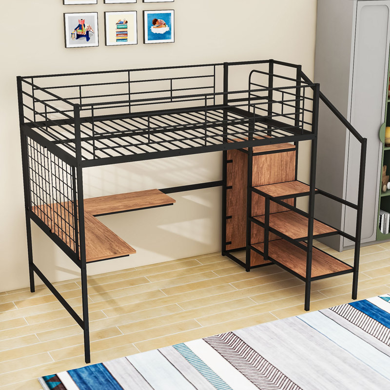 Metal Loft Bed With LED Lighting, Built-In Desk,Staircase, And Wardrobe
