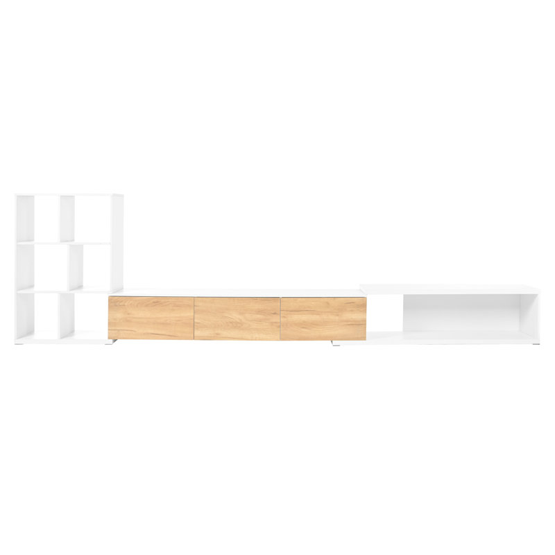 Meuble télé avec plateau extensible, 74,8 po à 126 po, pour téléviseurs de 110 po, blanc et bois, tablettes réglables à 3 niveaux, 74,8 po à 126 po, accessoires de salon