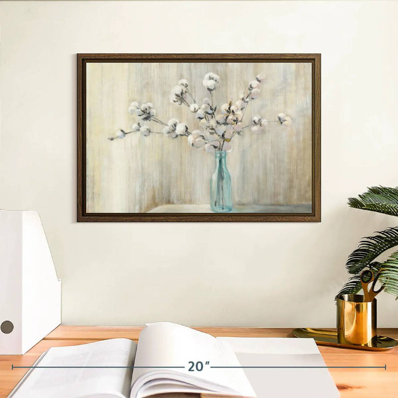 Bouquet de coton, 13 po x 9 po, Cadre flottant en noyer