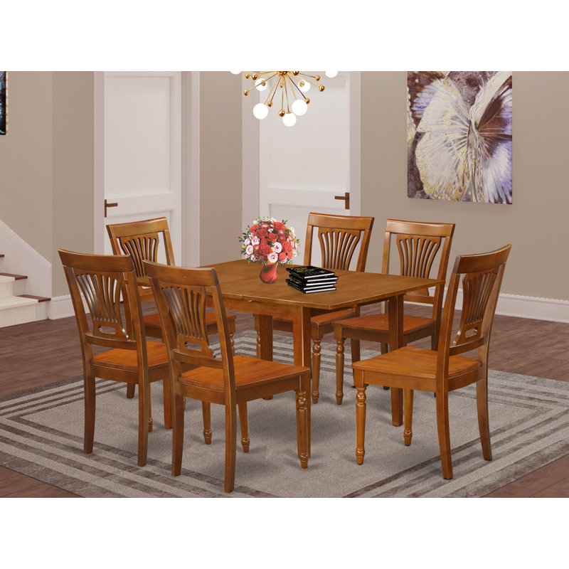 7 Piece Kitchen Table & Chairs Set Consist of a Rectangle Dining Room Table with Butterfly Leaf and 6 Solid Wood Seat Chairs, Saddle Brown