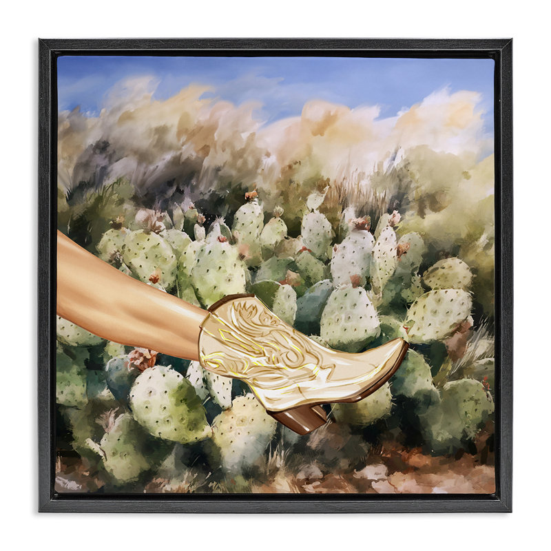 Botte de cow-boy et cactus, Cadre flottant noir de jais, H 18 po x l 18 po