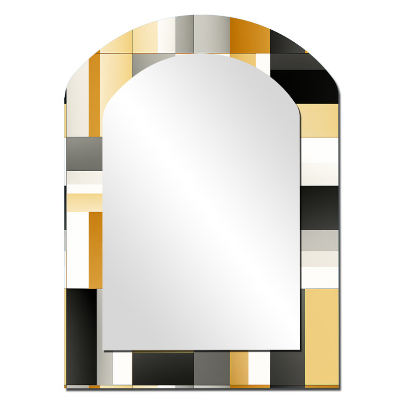 Parrsboro Taupe Geometric Blocks Harmony - Geometric Arch Decorative Mirror, Modern Asymmetrical Wall Mirror, Printed Metal Art