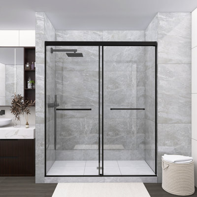 60 X 72 Inch Frameless Dual Sliding Shower Door, Aluminum Frame With Soft-Close Buffer Track, Leak-Proof Extended Metal Threshold, Easy 30-Minute Installation