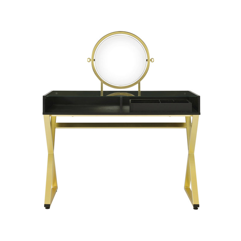 Bureau de meuble-lavabo noir et doré avec miroir et plateau à bijoux