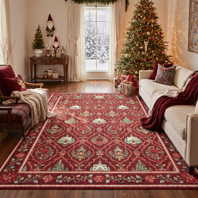 Tapis de salle à manger lavable à poils courts, motif animalier de Noël poinsettia et cardinal rouge/vert