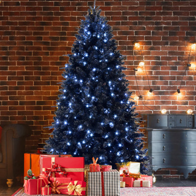 Arbre de Noël artificiel noir de 7 pi avec 450 lumières à DEL blanches, 1916 pointes Pe +, structure à charnières et support en métal stable pour décor de fêtes pré-éclairé, pointes denses