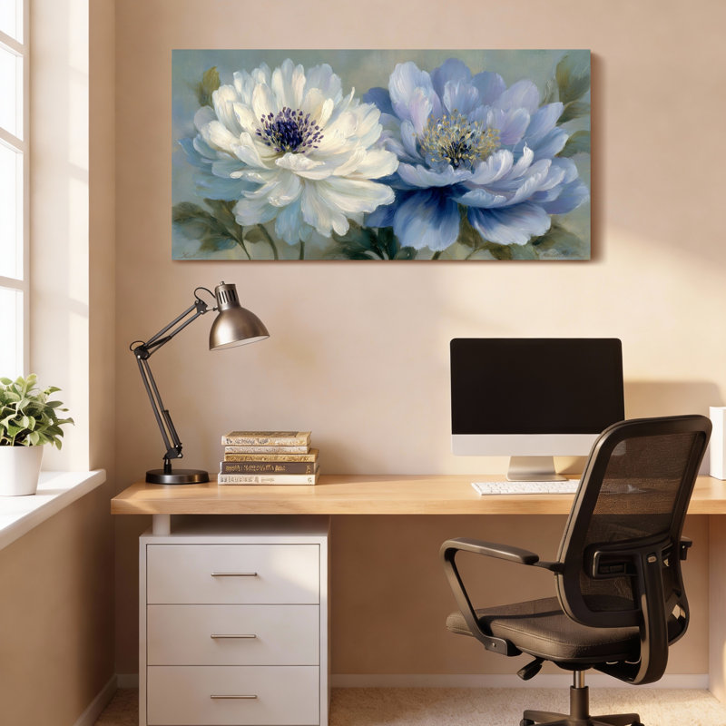 Tableau sur toile tendue avec des pivoines blanches et bleues, H 24 po x l 48 po