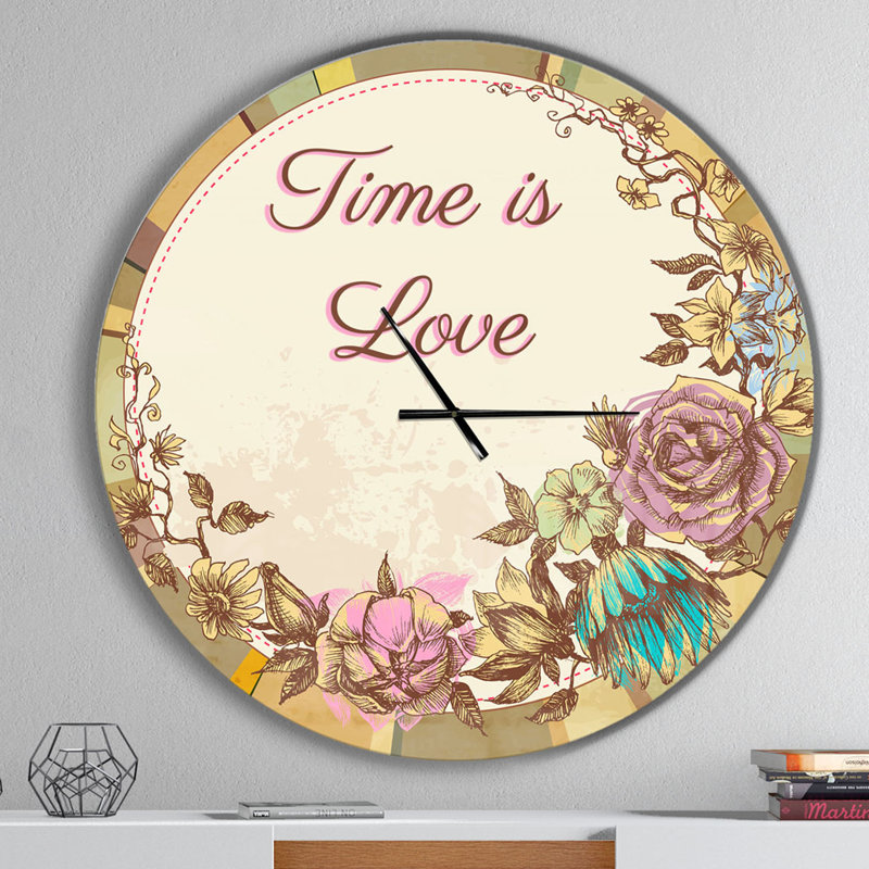 Time is Love Vintage Flower Wreath - Horloge murale rétro, Surdimensionné