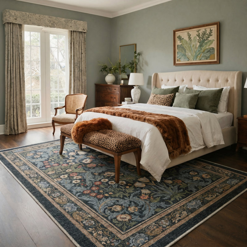Aubepine Machine Washable Non-Slip William Morris Style Blue / Green Indoor Botanical Floral Area Rug, Rectangle 5' x 7'