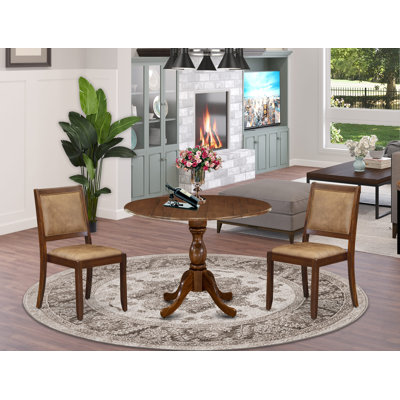 0DD9D79E839148F298B2B926DBB81171 3-pc Dining set included a Round Table and 2 Brown Textured Faux Leather stackable Chair, Antique Walnut Finish.