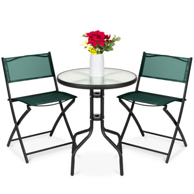 Ensemble 3 pièces de mobilier de bistro de patio avec plateau en verre et chaises pliantes