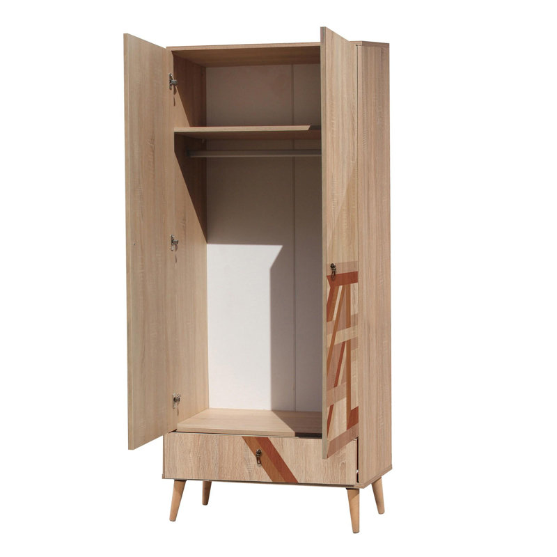 Modern Wardrobe with Wooden Legs, 31.5 x 74.8 x 17.7 inches | 100% Melamine Coated Particle Board, UV Digital Printing | Numerous Shelves, Wall-Mountable, Additional Storage | Stylish Geometric Design for Home Organization