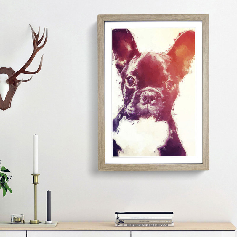 French Bulldog Puppy in Abstract - Picture Frame Graphic Art Print, 65cm H x 48cm W x 2cm D, Oak Framed