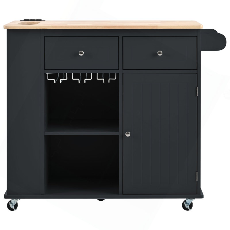 Kitchen Island With Power Outlet,Kitchen Storage Island With Drop Leaf And Rubber Wood,Open Storage And Wine Rack,5 Wheels,With Adjustable Storage For Home, Kitchen, And Dining Room