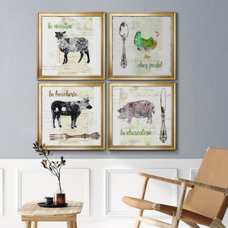Golden Cuisine Sheep - Ensemble de 4 peintures sur toile encadrées, H 34,5 po x l 138 po x P 1,5 po, Toile encadrée d'or