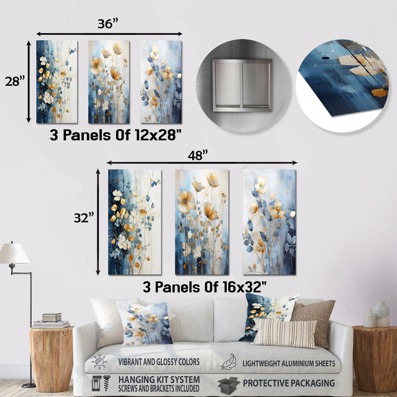 Beige And Gold Minimalism Botanical Serenity - Plants Metal Wall Decor Set Of 3, 28" H x 36" W