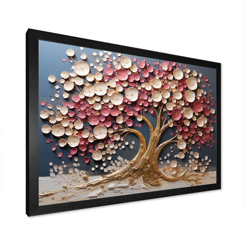 Orchidée rose et or, jardin de branches VI - arbre, art mural, Cadre d'angle fermé noir, H 24 po x l 32 po x P 1 po