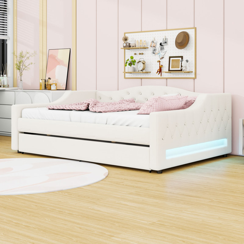 Upholstered Daybed with LED Lights and Trundle, Beige