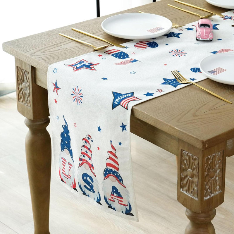 Patriotic Red White and Blue Polyester Table Runner with Gnomes, 47" x 13"