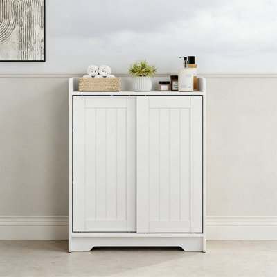 Slim White Bathroom Storage Cabinet With Sliding Door And Adjustable Shelves