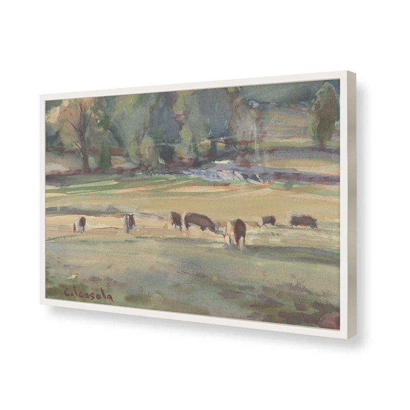 «Grazing Cows» par Stephen Calcasola, reproduction d'art, H 30 po x l 40 po, Impression sur cadre ouvert sans papier mat