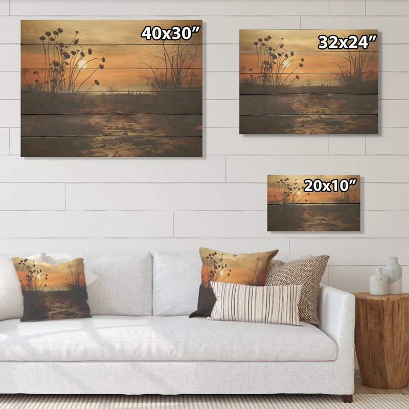 Mums Field With Sunset - Mums Wood Art sur bois de pin naturel, H 30 po x l 40 po