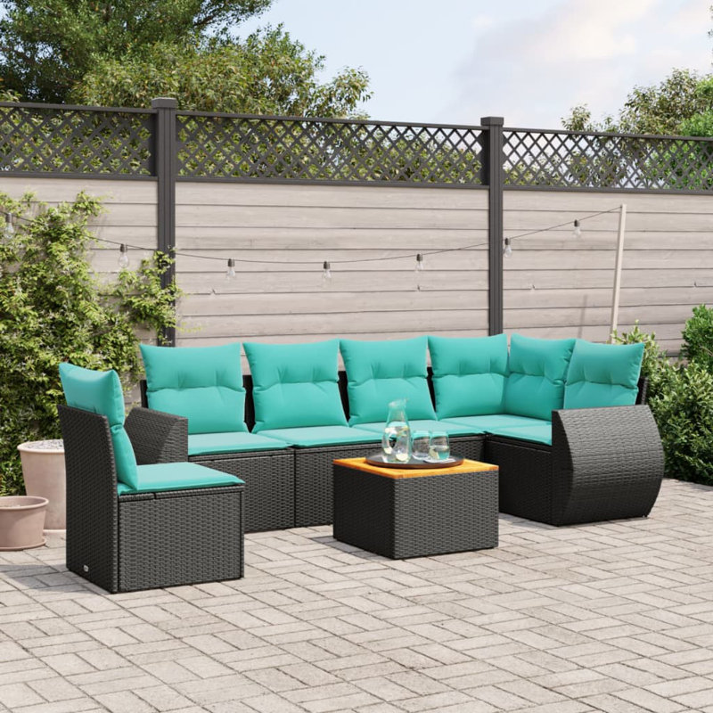  Ensemble de canapé de patio 7 pièces avec coussins en rotin de polyester noir