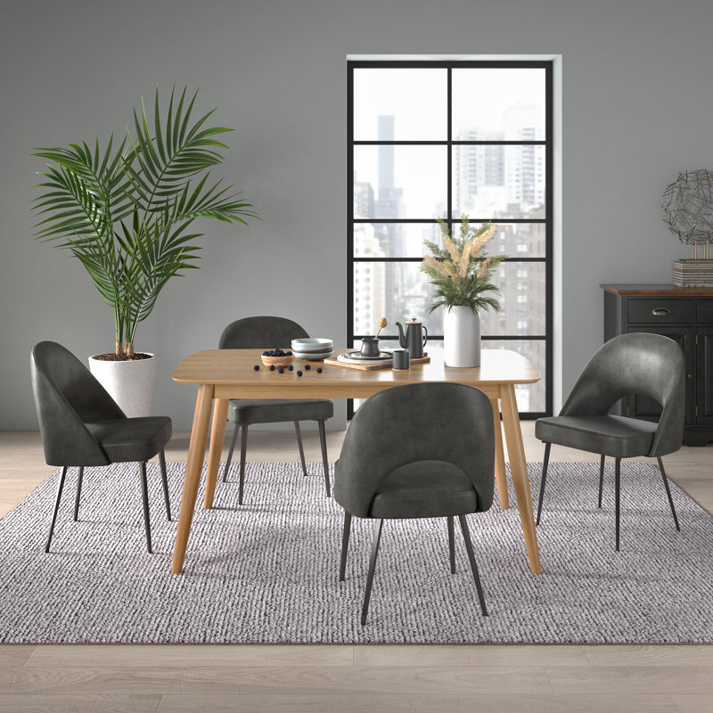 Farias Mid-Century Modern Tapered Dining Set, Faux Leather, 59" Dining Table And 4 Chairs, Natural, Dark Gray