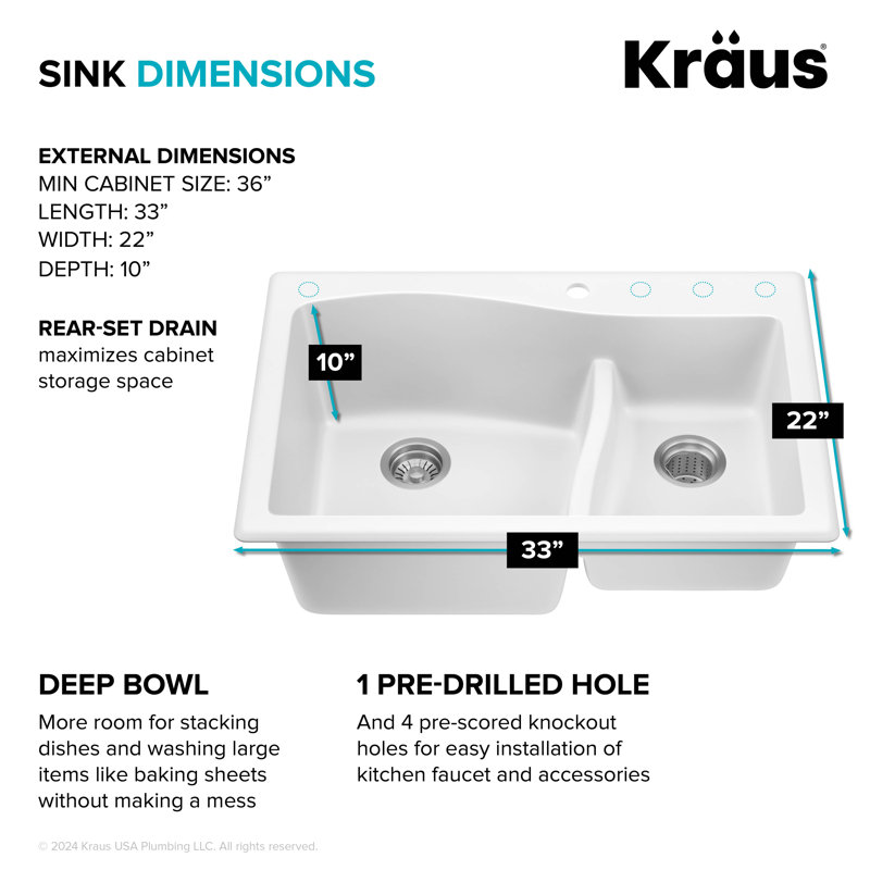 KRAUS Dual Mount Bowl Granite Kitchen Sink w/ Top Mount and Undermount Installation, Grey, 60/40 Double Bowl
