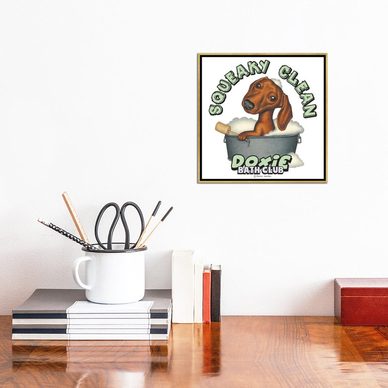 «Dachshund Squeaky Clean» par Danny Gordon, impression sur toile tendue, H 12 po x l 12 po x P 1,5 po, Cadre doré