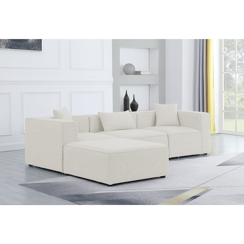 Cube Upholstered L-Shaped Sectional Reversible, Cream Linen Textured Fabric