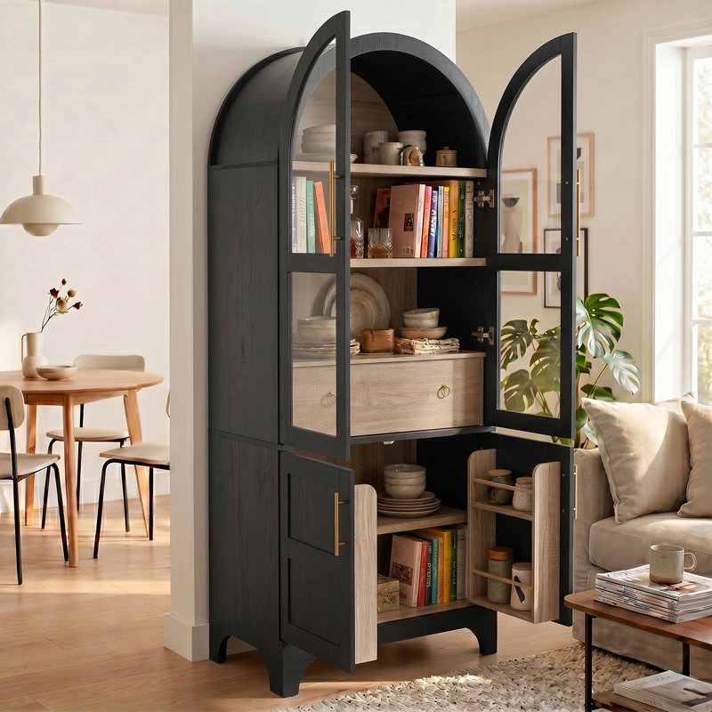 Armoire de rangement de 71 po de haut avec porte en verre arquée, armoire de cuisine avec porte, supports de rangement internes, tiroir caché, tablette ouverte et réglable, armoire de cuisine, salle à manger, facile à assembler