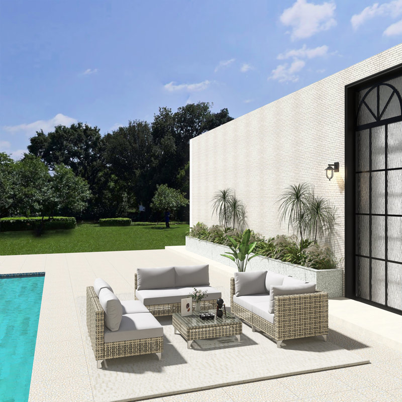 Canapé modulaire d'extérieur en osier 7 pièces avec table basse Bohemian Style, Coussin gris / cadre gris