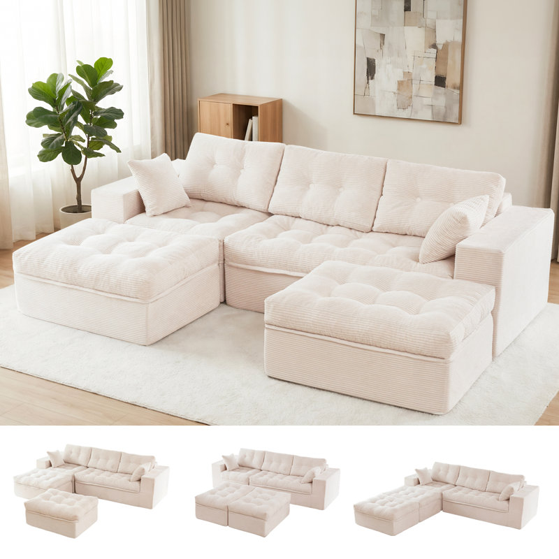 Canapé modulaire en velours côtelé Boneless, canapé modulaire 4-en-1, Beige, H 21 po x l 130 po x P 66,5 po