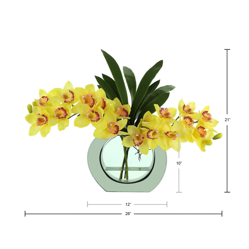 Modern Orchid Arrangement in Mirrored Glass Vase, Yellow