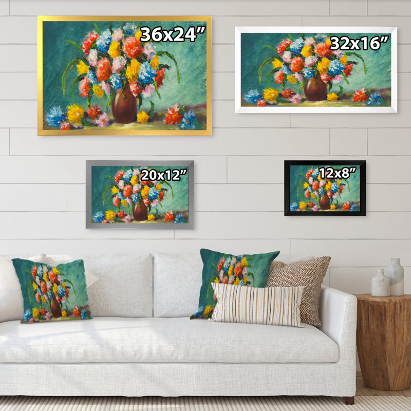 Fleurs printanières dans un vase - reproduction sur toile avec cadre flottant, H 8 po x l 12 po x P 1 po, Cadre doré
