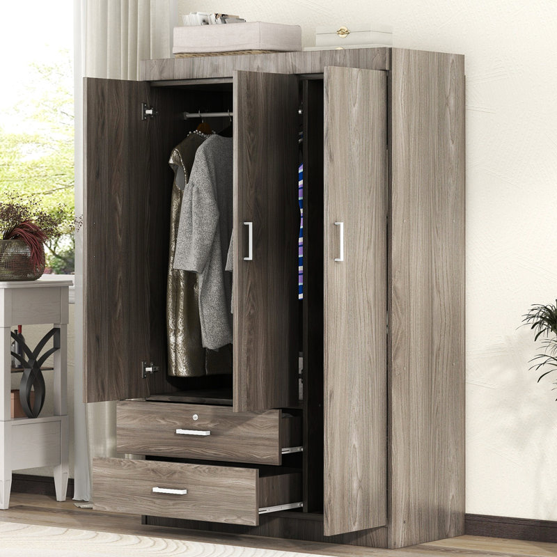 2 Drawer 3-Door Wardrobe, Gray Wood Grain, Ideal For Bedroom Storage Delight, Gray
