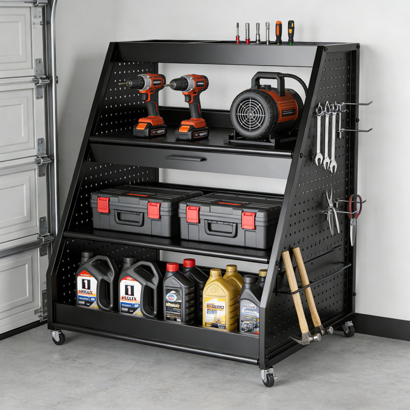 Chariot de rangement robuste à outils à 4 niveaux avec panneau perforé et tiroir, noir